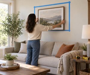 how to hang art above a sofa
