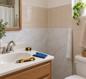 how to hide ugly tile in a rental bathroom