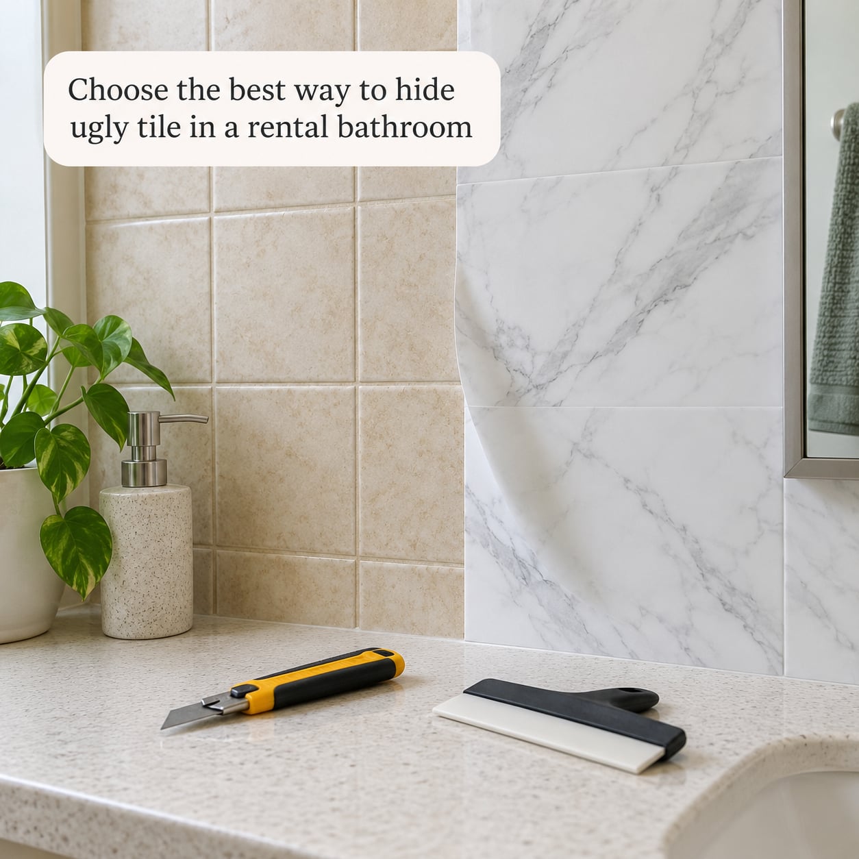 Choose the best way to hide ugly tile in a rental bathroom