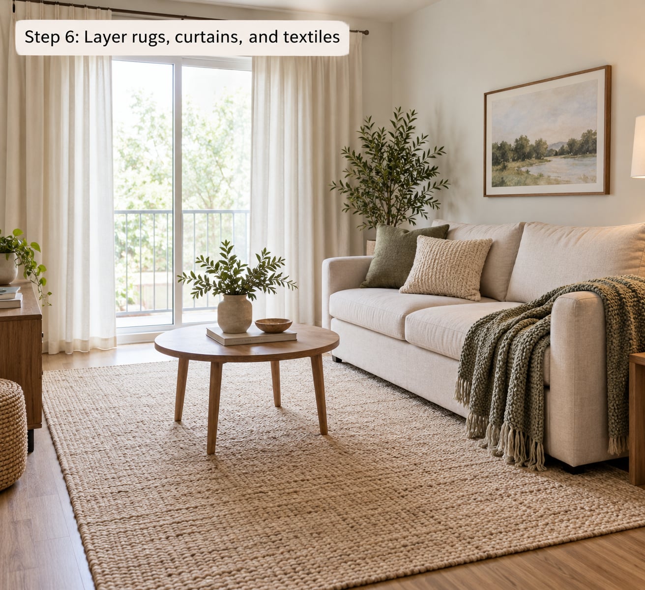 Step 6: Layer rugs, curtains, and textiles