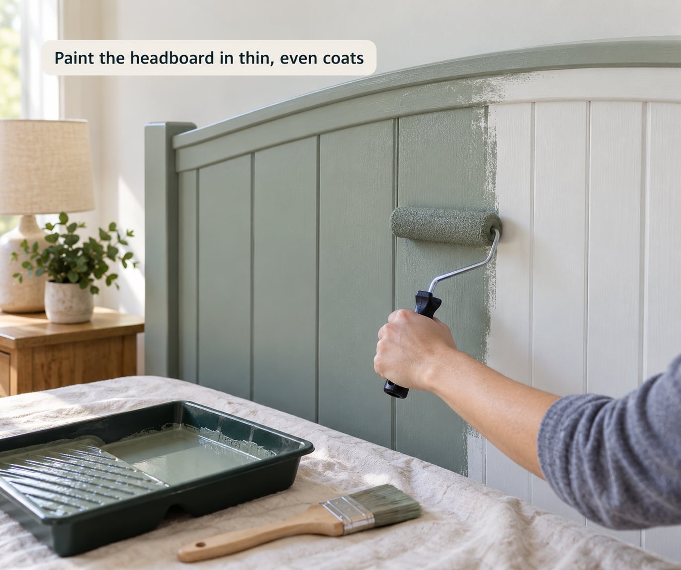 Paint the headboard in thin, even coats