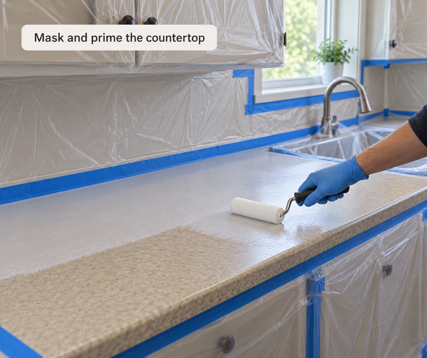 Mask and prime the countertop